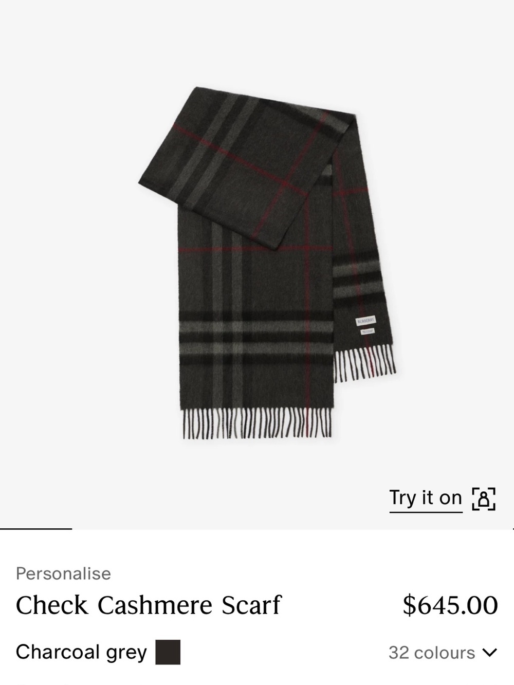 Burberry Charcoal Plaid Cashmere Scarf - Picture 3 of 3